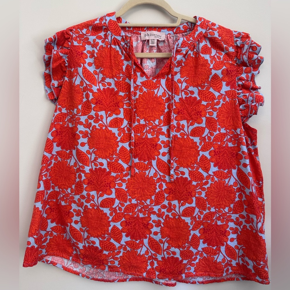 Philosophy Womens Floral Blouse Ruffle Sleeve Size XL Cottagecore Career Summer